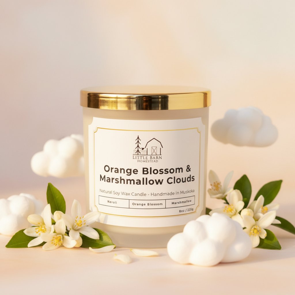 Orange Blossom & Marshmallow Elegant Soy Candle with Wooden Wick & Gold Lid
