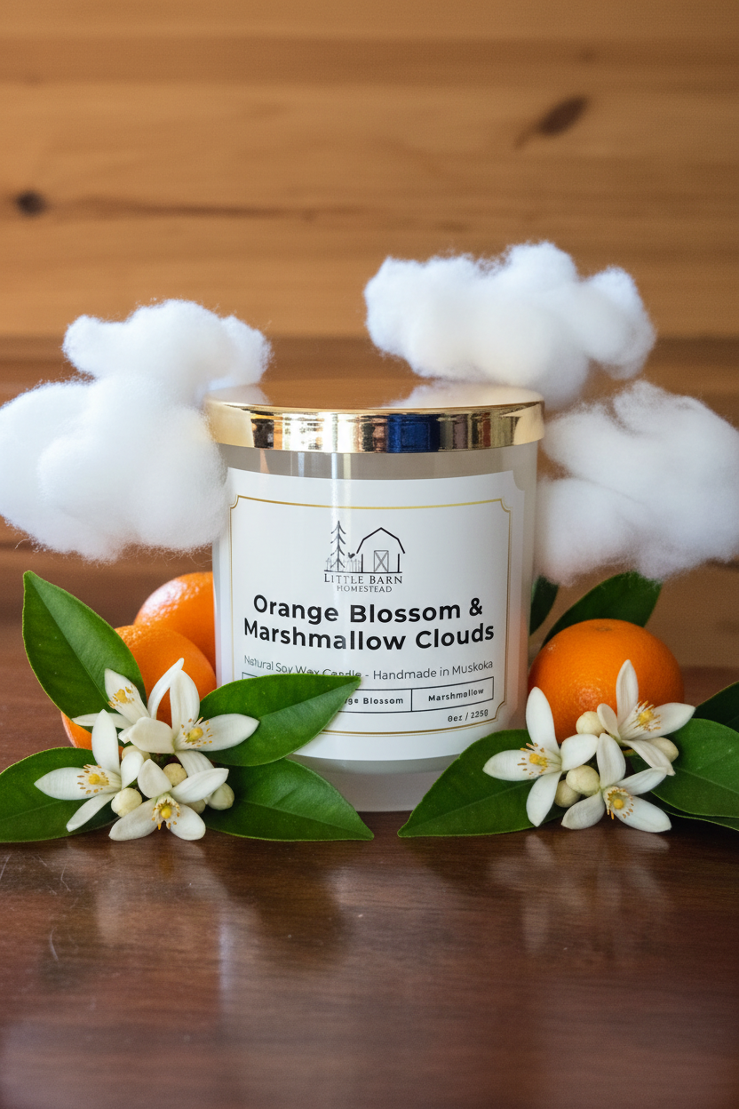Orange Blossom & Marshmallow Elegant Soy Candle with Wooden Wick & Gold Lid