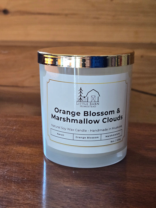 Orange Blossom & Marshmallow Elegant Soy Candle with Wooden Wick & Gold Lid