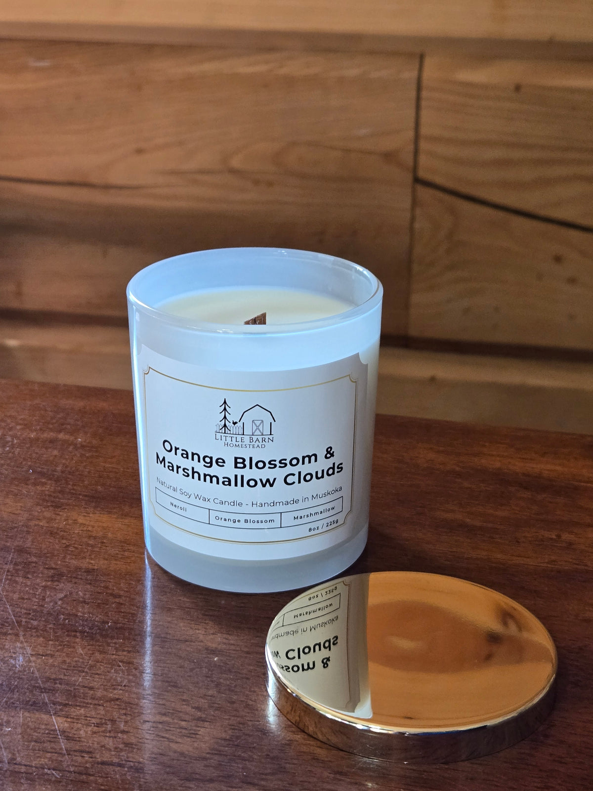 Orange Blossom & Marshmallow Elegant Soy Candle with Wooden Wick & Gold Lid