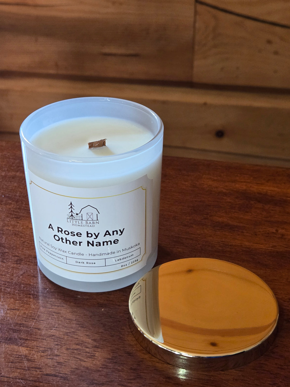 A Rose by Any Other Name Elegant Soy Candle with Wooden Wick & Gold Lid