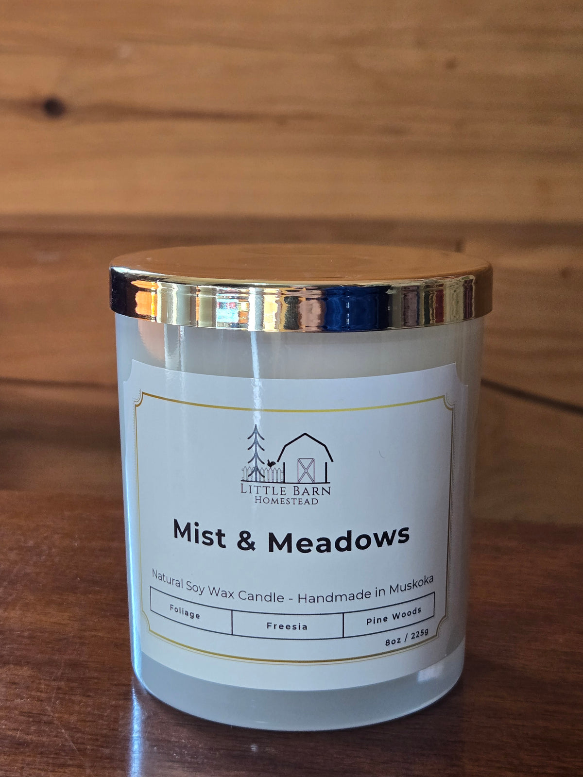 Mist in the Meadow Elegant Soy Candle with Wooden Wick & Gold Lid
