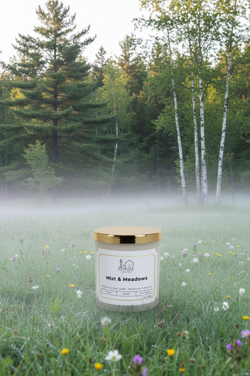 Mist in the Meadow Elegant Soy Candle with Wooden Wick & Gold Lid