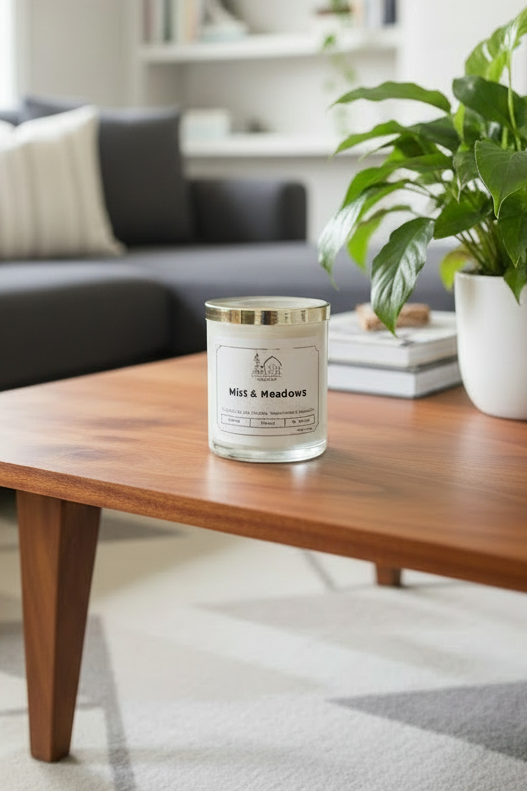 Mist in the Meadow Elegant Soy Candle with Wooden Wick & Gold Lid