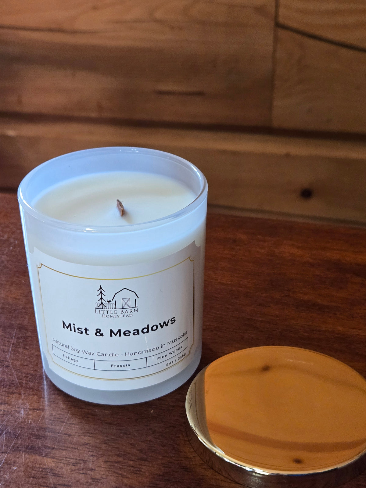 Mist in the Meadow Elegant Soy Candle with Wooden Wick & Gold Lid